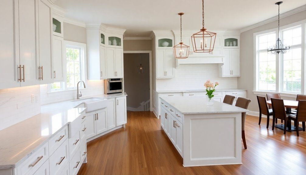 A kitchen with white cabinets and a large island in the middle.