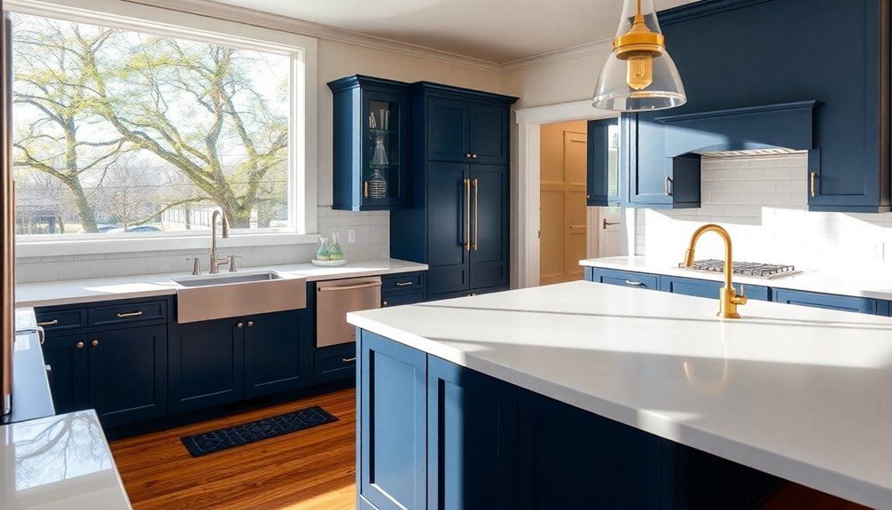 A kitchen with blue cabinets , white counter tops , a sink , and a large island.