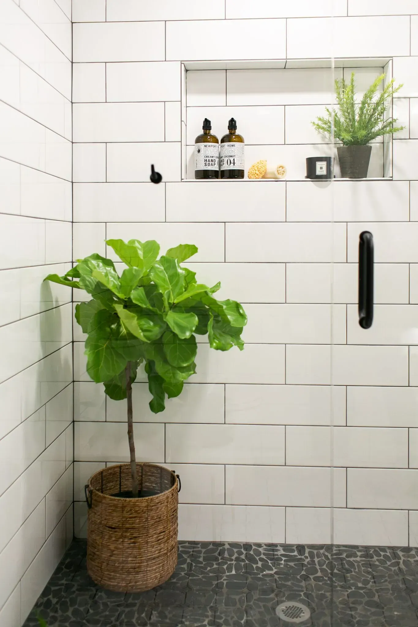 A bathroom with white tiles and a potted plant in the shower.