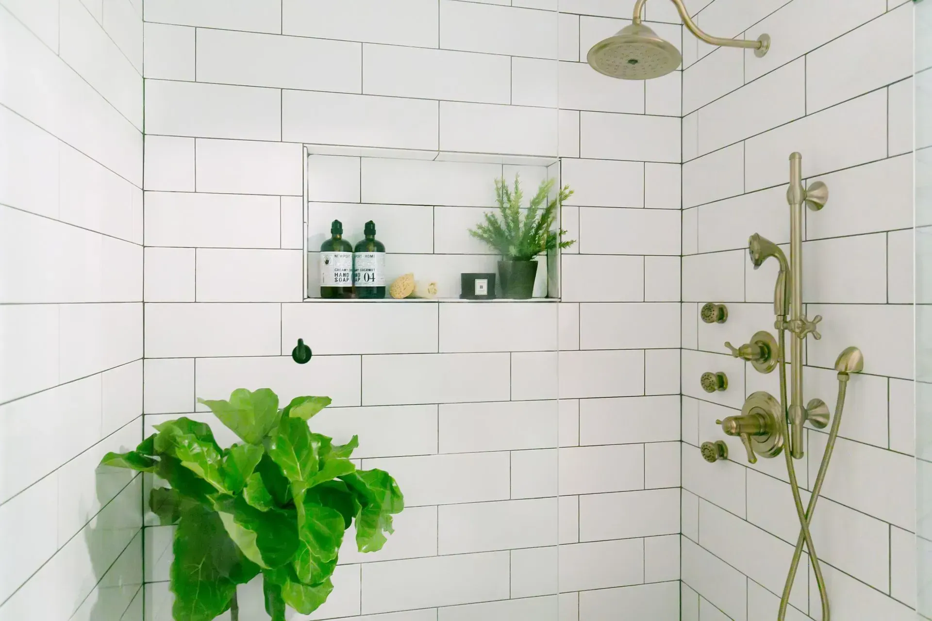 A bathroom with white tiles and a plant in the shower.
