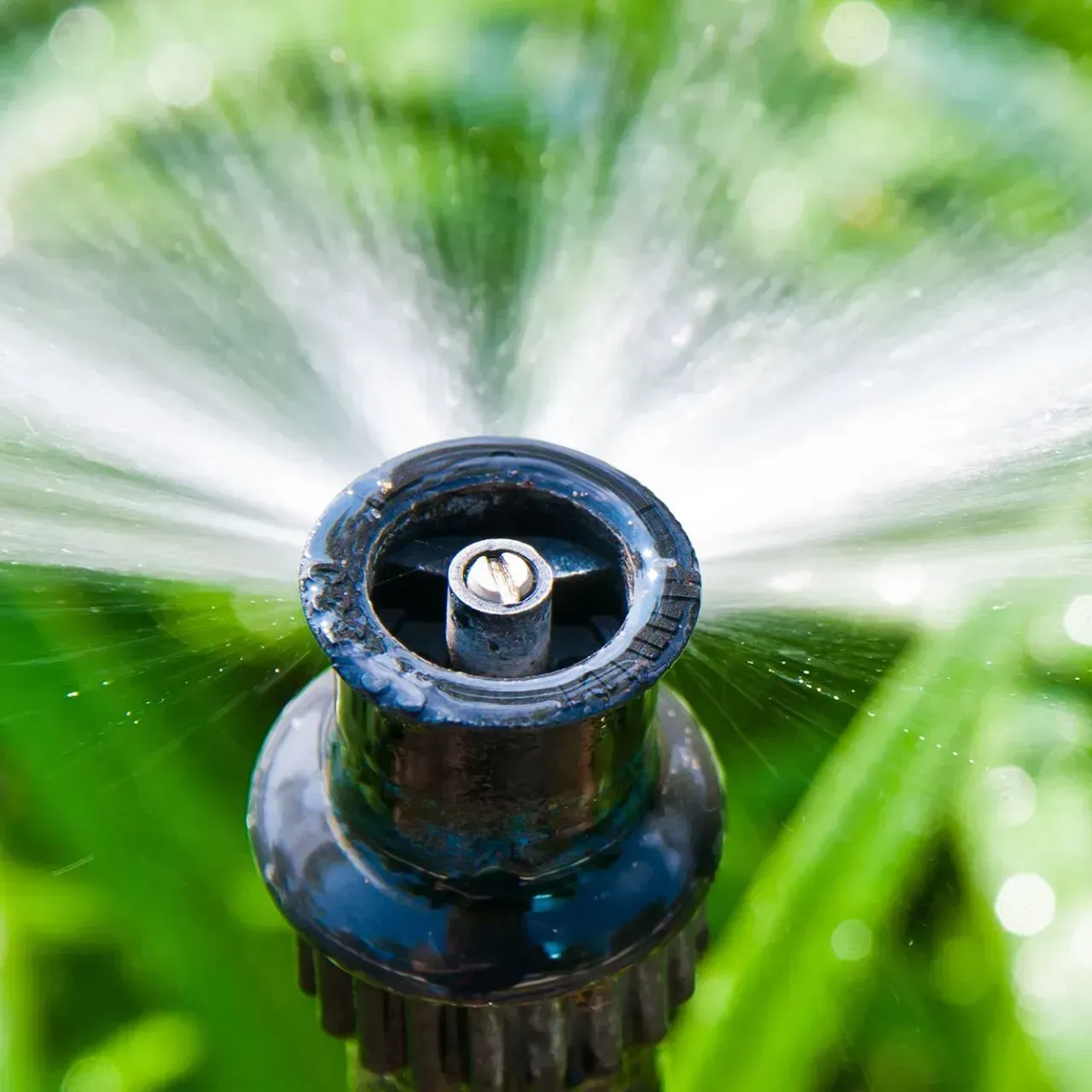 A close up of a sprinkler spraying water in a garden.