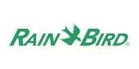 The rain bird logo is green and white with a bird on it.