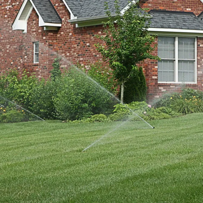 A sprinkler is spraying water on a lush green lawn in front of a brick house.
