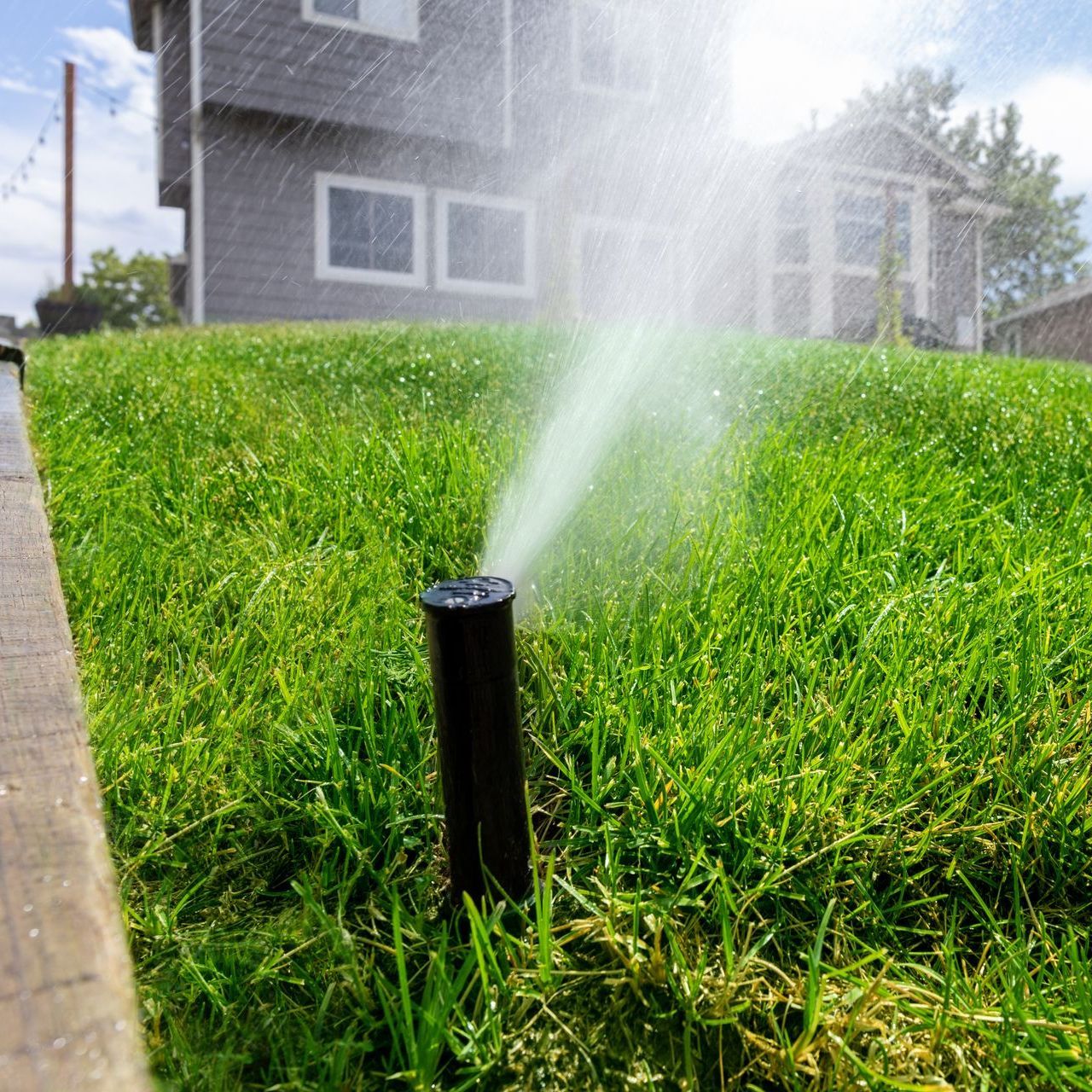 A sprinkler is spraying water on a lush green lawn in front of a house.