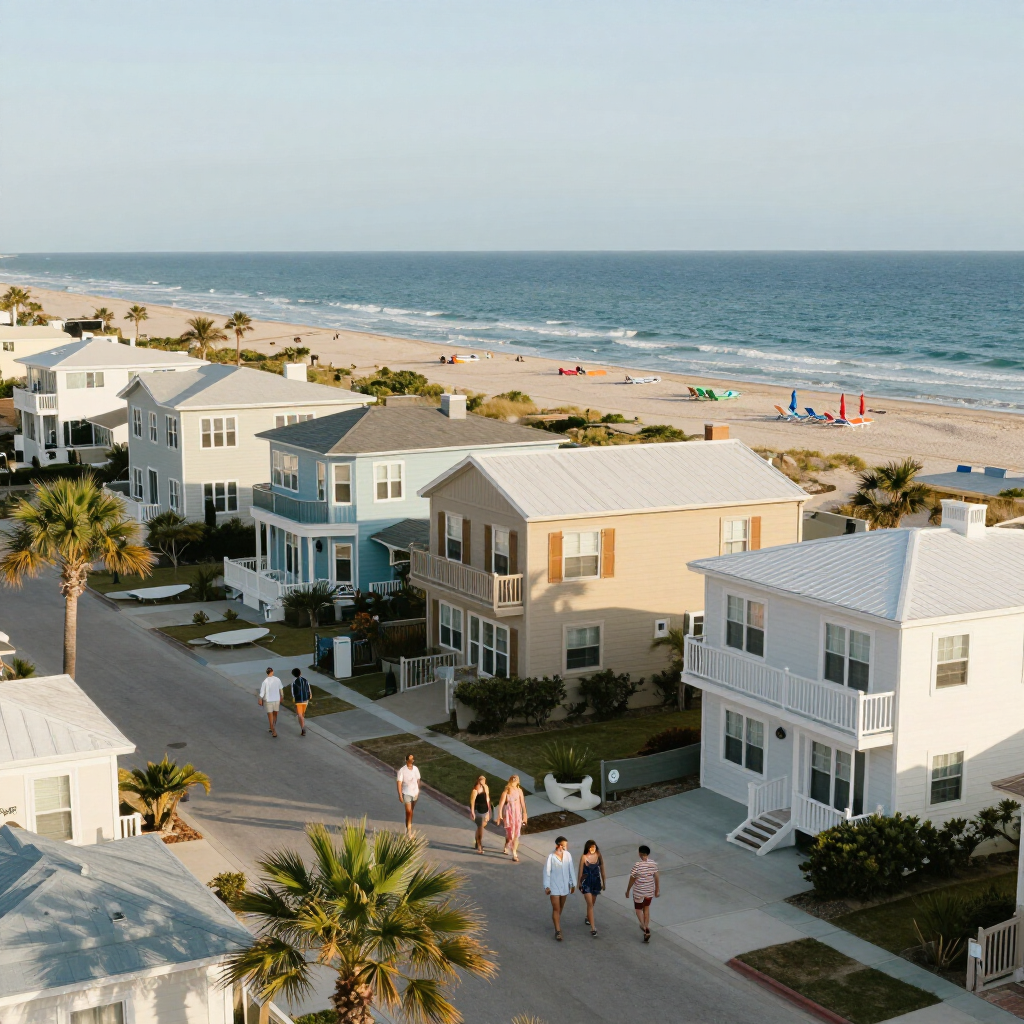 Coastal beach homes beside a sandy shoreline, with people walking on a sunny waterfront street.