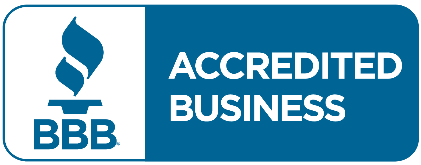 a blue and white sign that says accredited business on it .
