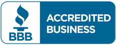 a blue and white sign that says accredited business on it .