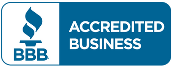 a blue and white sign that says accredited business on it .