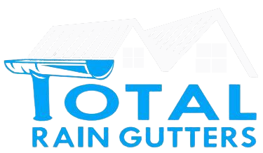 the logo for total rain gutters is blue and white .