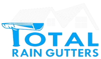 the logo for total rain gutters is blue and white .