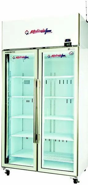 An Empty Refrigerator With Two Glass Doors And Shelves — Mackies In Taree, NSW