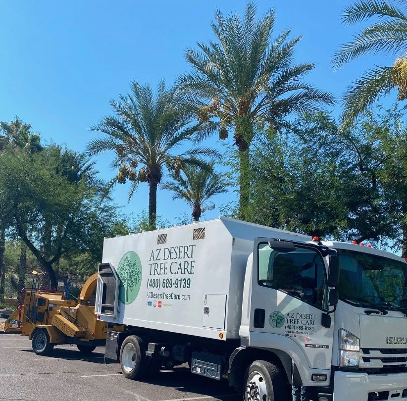 An AZ Desert Tree Care white truck with an attached wood chipper, parked on an asphalt lot under sunny palm trees.