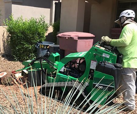 Two men are working on a stump grinder in a backyard.