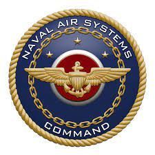 A naval air systems command logo with an anchor and wings on a blue background.