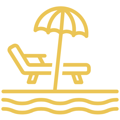 A yellow icon of a chair and an umbrella on a beach.