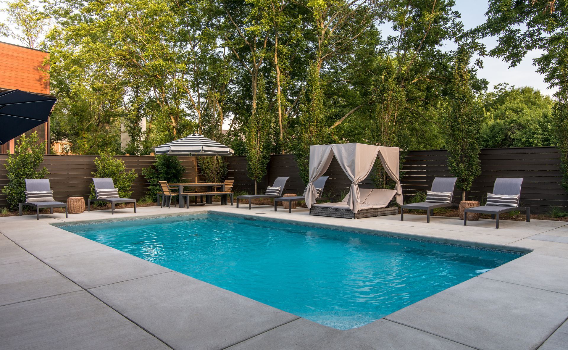 A large swimming pool surrounded by chairs and umbrellas in a backyard.