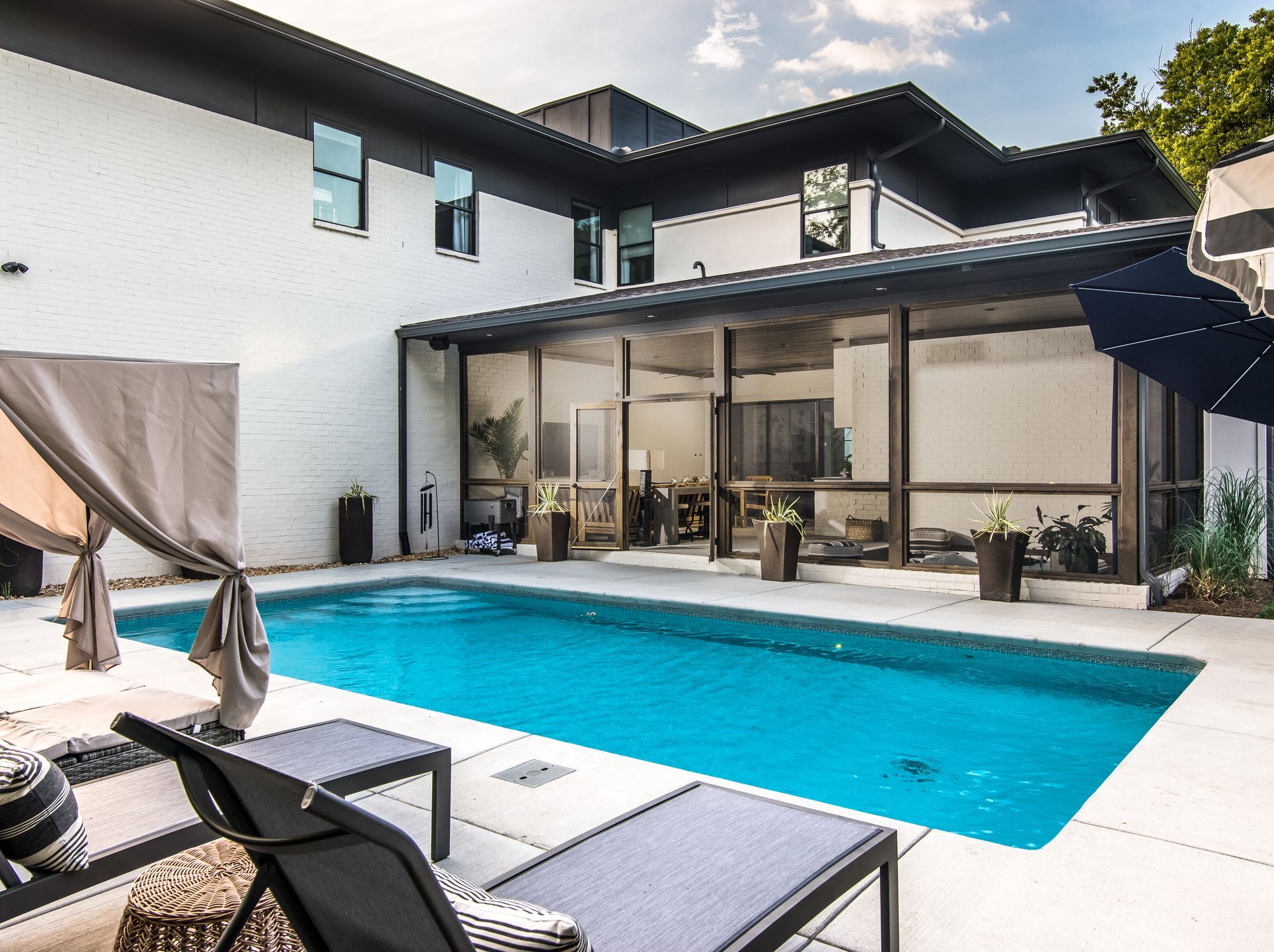 A large swimming pool in the backyard of a house