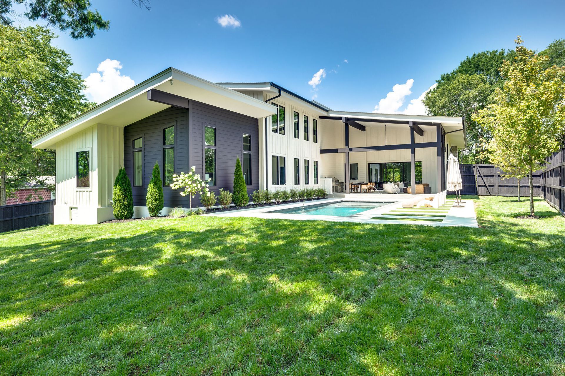 A large house with a swimming pool in the backyard.