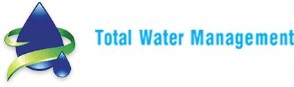 The logo for total water management shows a drop of water with a green ribbon around it.