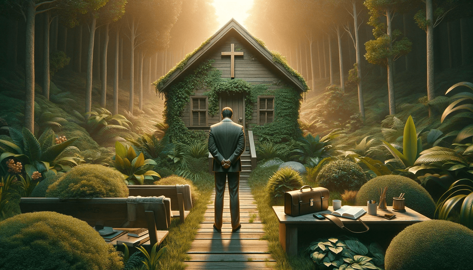 A man in a suit is standing in front of a small church in the middle of a forest.