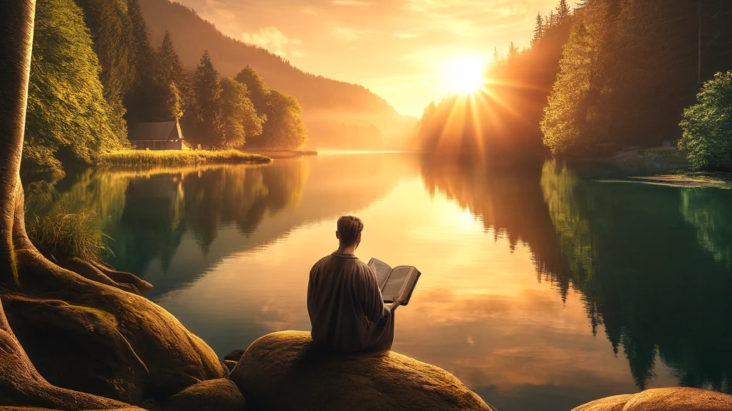 A man is sitting on a rock reading a book by a lake at sunset.