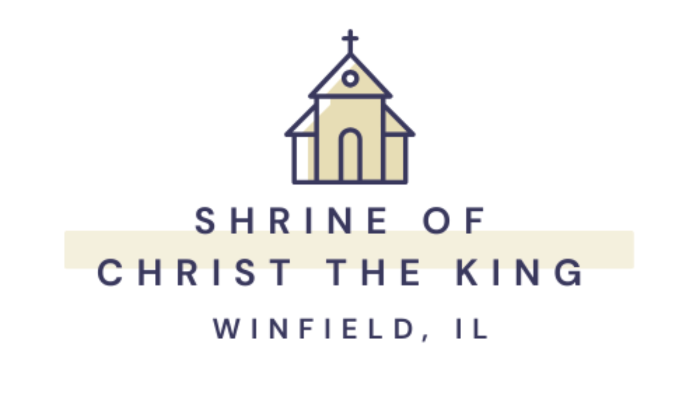 Logo for Shrine of Christ the King in Winfield, IL, with a church icon and text.