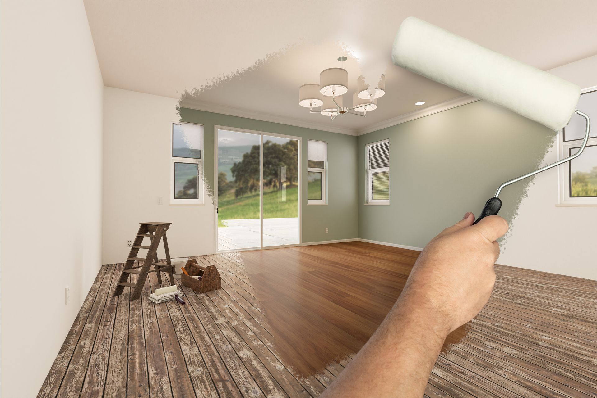 Person painting a room green with a roller, showing the room transformation.