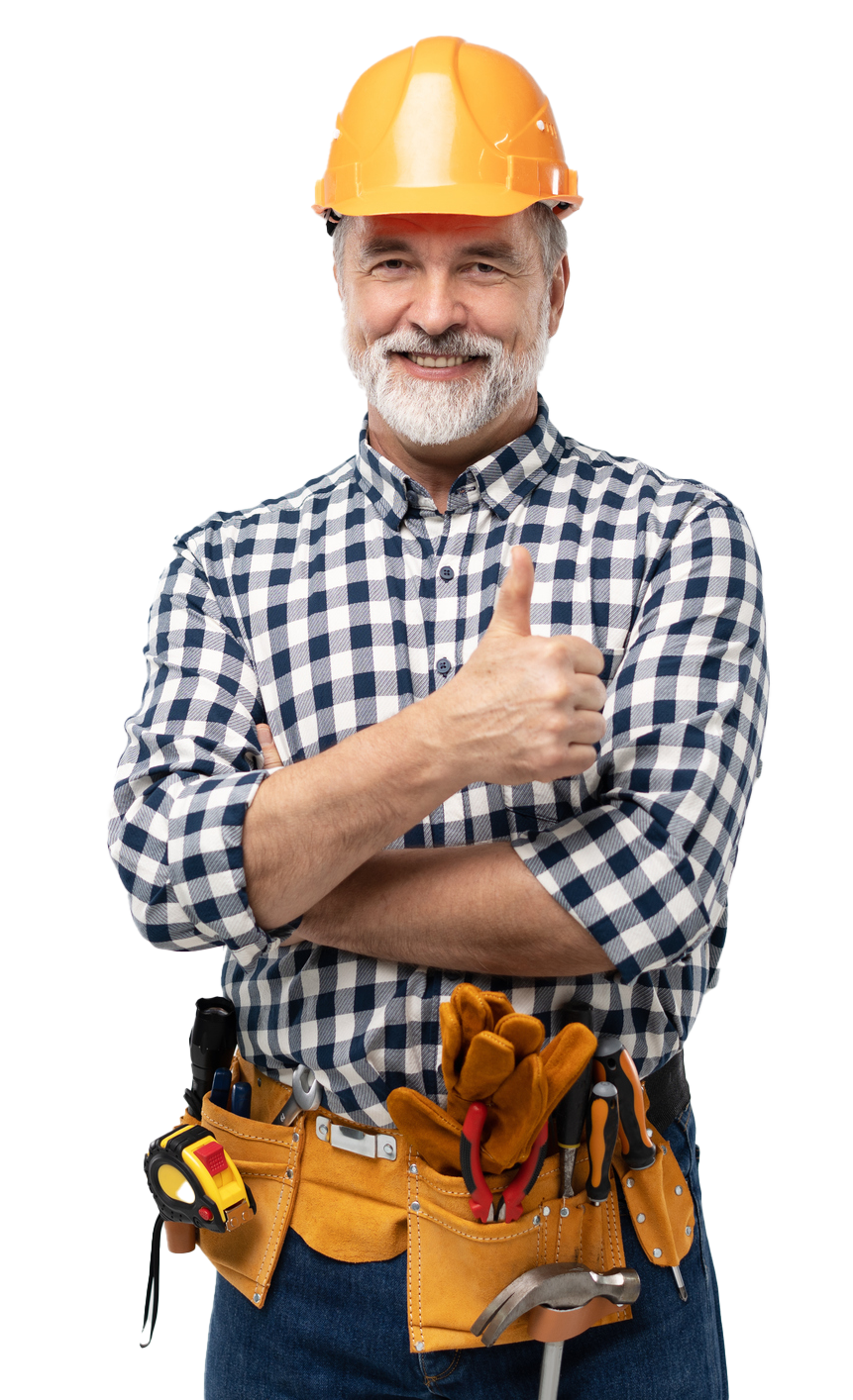 Construction worker with orange hard hat and tool belt, thumbs up.