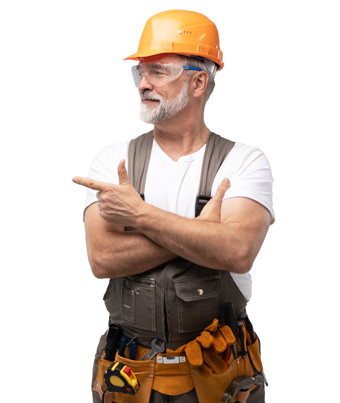 Construction worker with orange helmet and safety glasses, pointing left, looking right. Construction worker with orange helmet and safety glasses, pointing left, looking right.