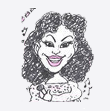 A cartoon of a woman with curly hair holding a microphone.