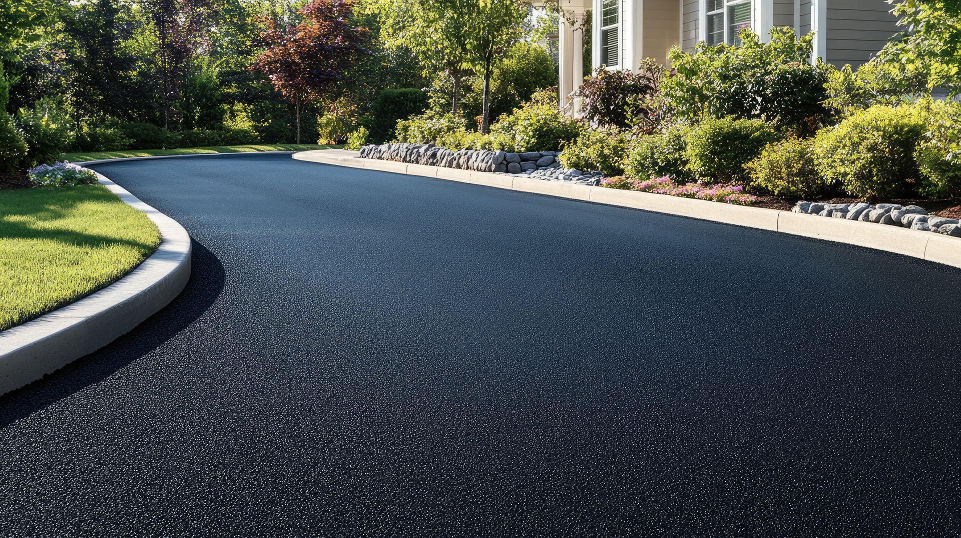 A smooth, dark asphalt driveway curves toward a house, flanked by manicured green lawn, stone borders, and landscaping.
