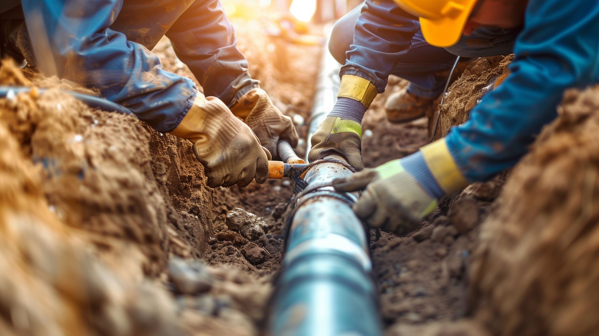 A worker in a high-visibility vest inspects a sewer line with a camera cable on a paved stone surface.