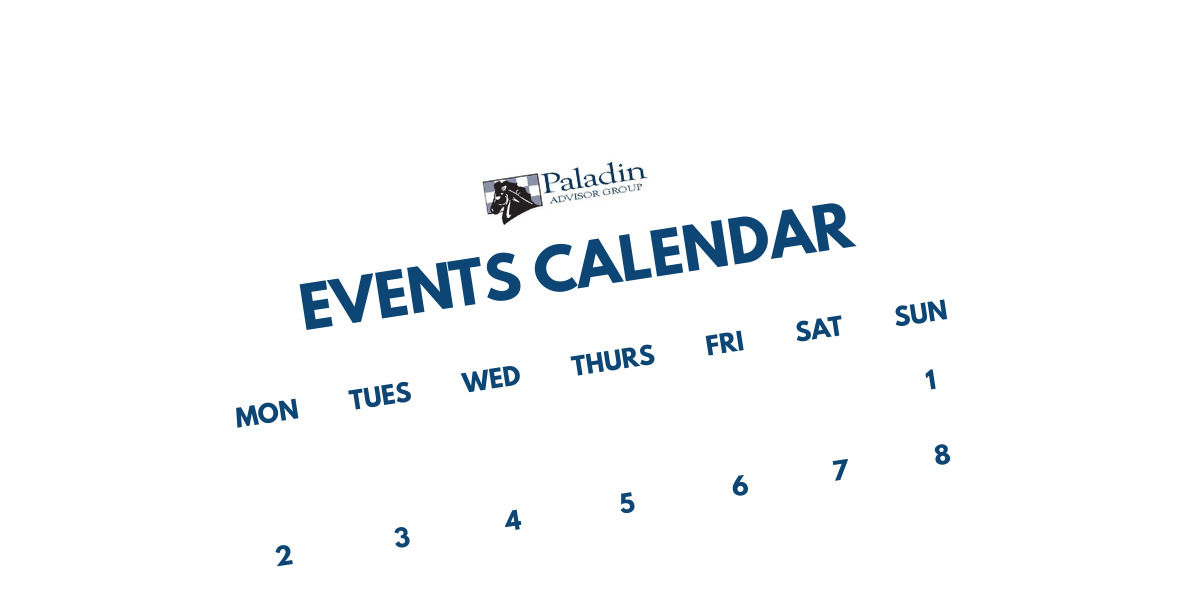 Events calendar graphic with text and logo, including days of the week and numbers 1, 2, 3, 4, 5, 6, 7, and 8.