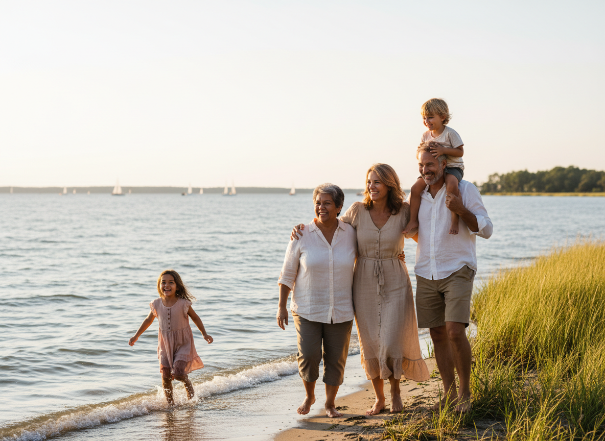 Family walks along beach, water at their feet; small child on shoulders, another in the shallows.