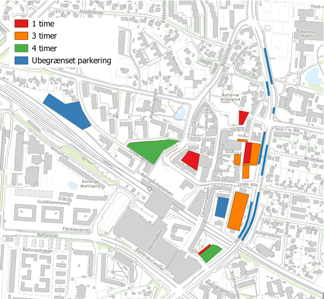 Et kort over en by med masser af bygninger og parker.