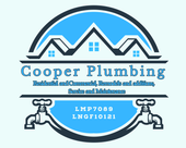 Cooper Plumbing logo with blue house roof, faucet icons, and white text on a circular background