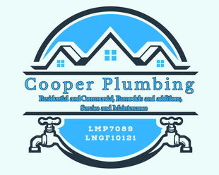 Cooper Plumbing logo with blue house roof, faucet icons, and license numbers in a circular badge