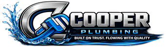 Cooter Plumbing logo with silver and blue &ldquo;Cooter&rdquo; text, a wrench, and water splash graphic