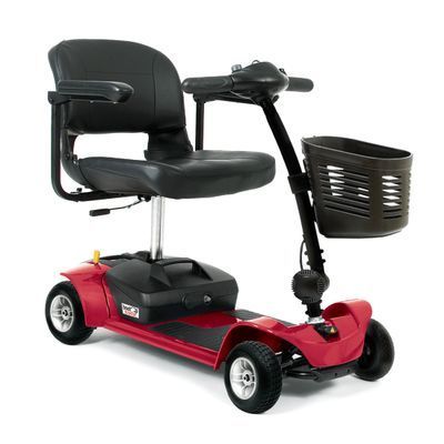 A Red Mobility Scooter With a Basket Attached to It on a White Background — Coast 2 Coast Disability Support Services in Taree, NSW