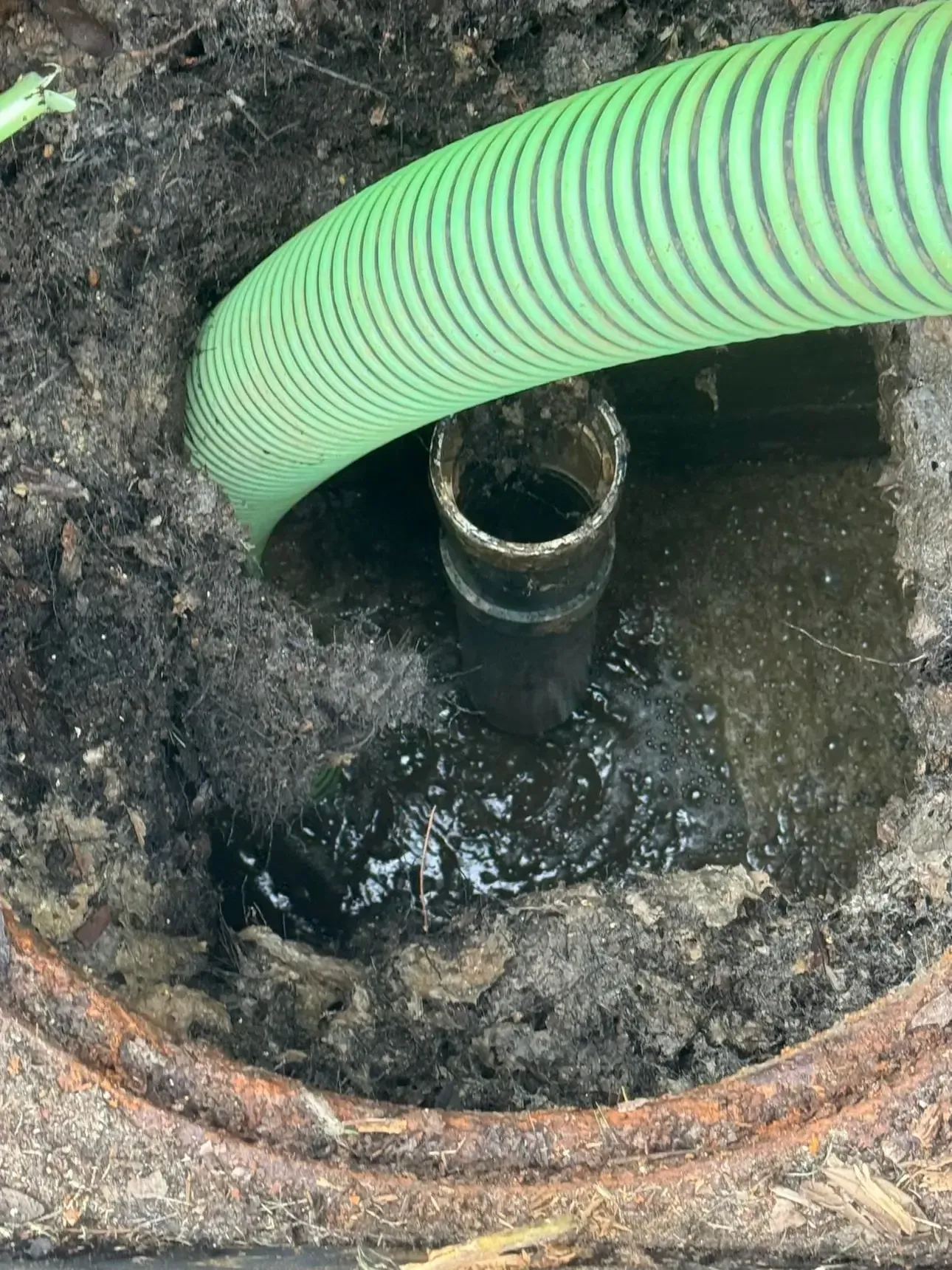 A green hose is coming out of a hole in the ground.