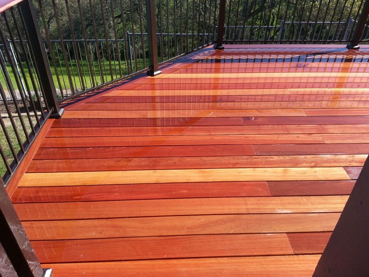 another view of stained new wood deck Installation