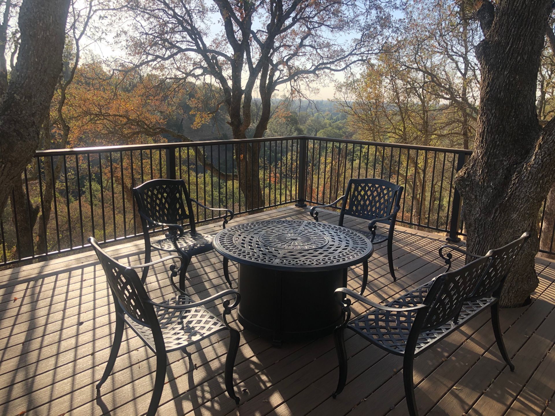 dark colored wood railing system with wrought iron decoration around decking