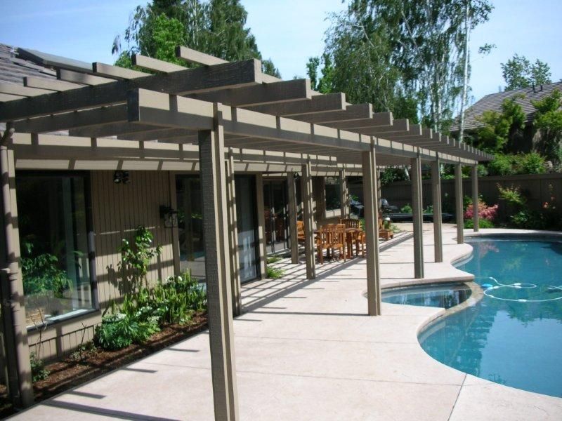 Pergola near pool in backyard