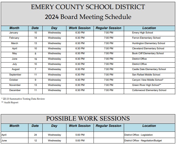 Emery county school district 2024 board meeting schedule and possible work sessions