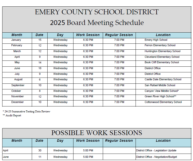 Emery county school district 2024 board meeting schedule and possible work sessions