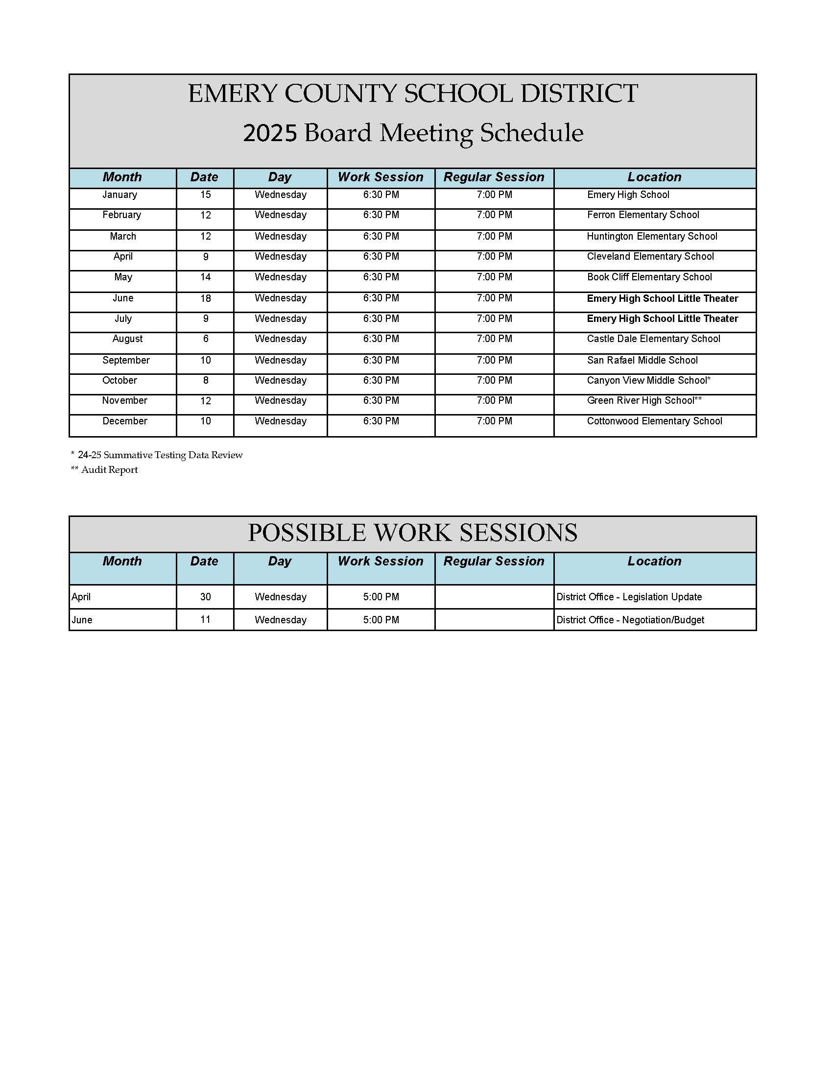 Emery county school district 2024 board meeting schedule and possible work sessions