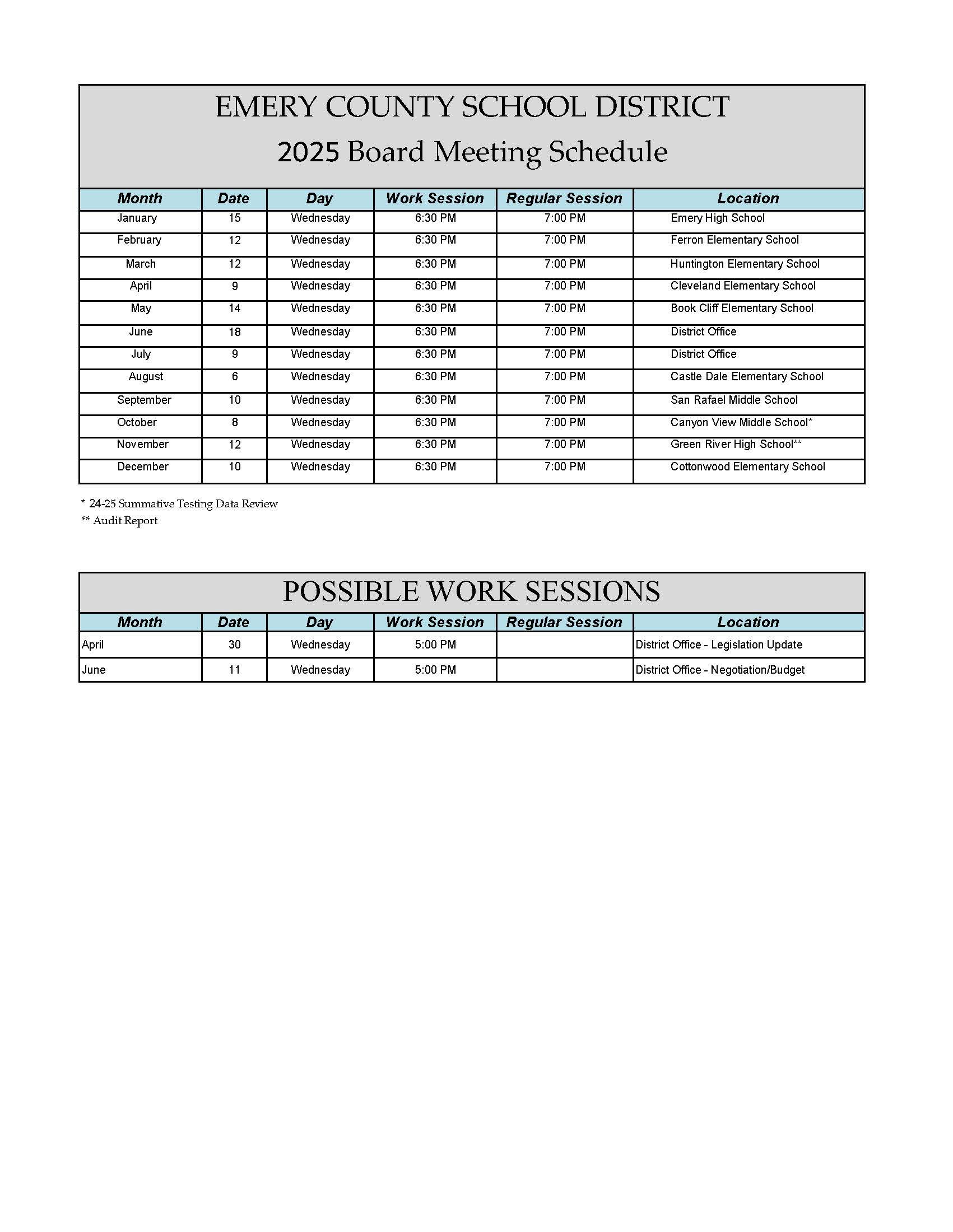 Emery county school district 2024 board meeting schedule and possible work sessions