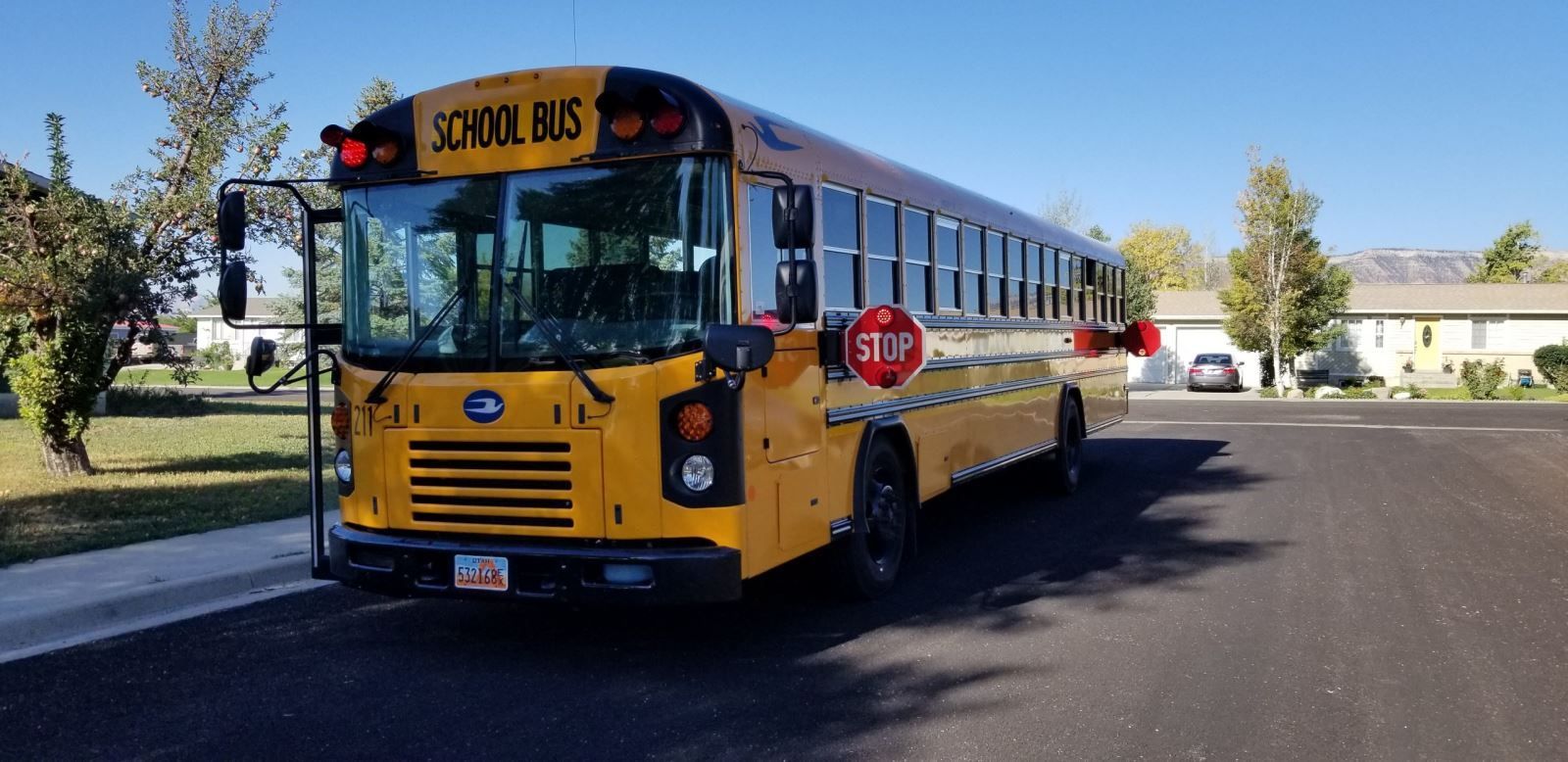 A yellow school bus is parked on the side of the road.