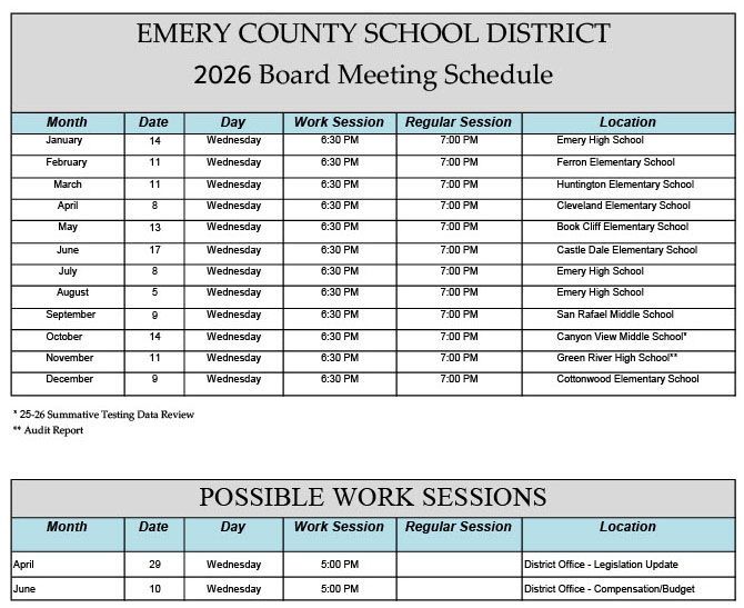 Emery county school district 2026 board meeting schedule and possible work sessions