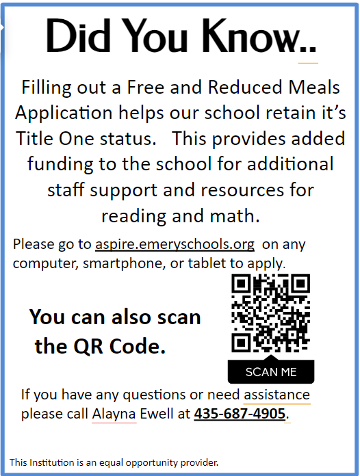 A poster that says did you know filling out a free and reduced meals application helps our school retain it 's title one status
